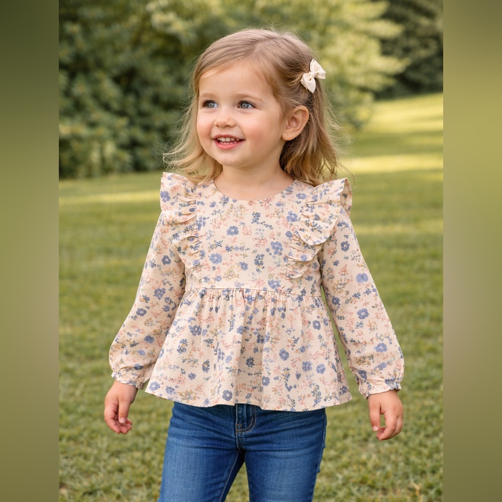 Pink Lily Kids Blue Beige Floral Button Up Long Sleeve Tunic Top 3T NWT
